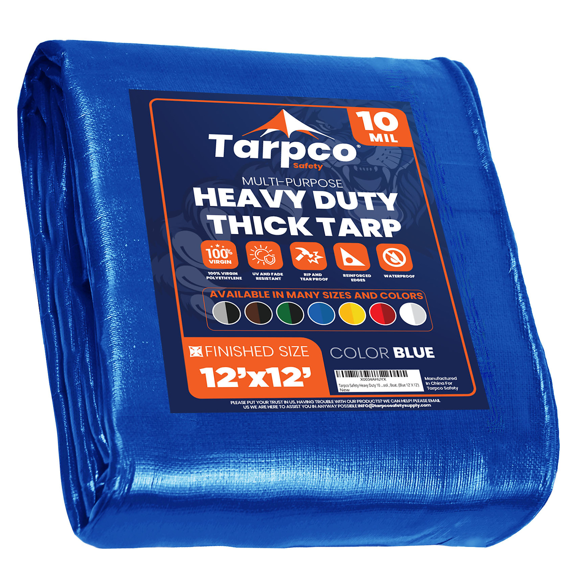 Tarpco Safety Heavy Duty 10 Mil Tarp Cover, Waterproof, UV Resistant, Rip and Tear Proof, Poly Tarpaulin with Reinforced Edges for Camping, Roof, Patio, Pool , Boat. (Blue 12' X 12')